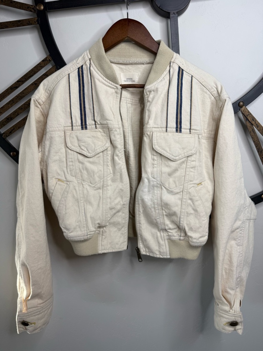 Urban Outfitters Cream Canvas Jacket with Navy Stitching